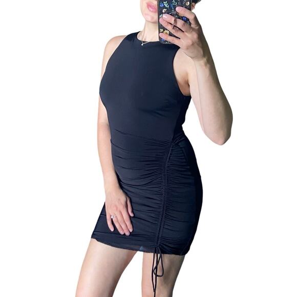 Windsor S Black High Neck Sleeveless Ruched Bodycon Mini Cocktail Dress - Picture 1 of 5